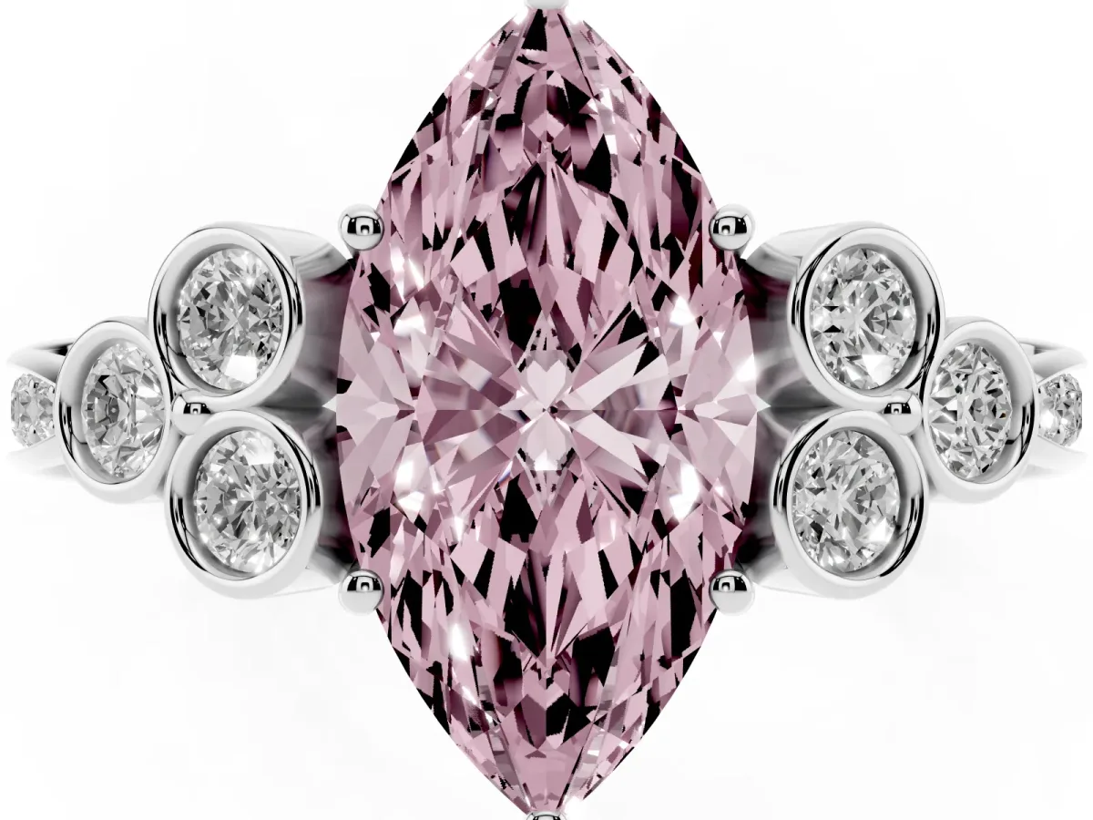 Fancy Pink Marquise Cut Cut Diamond Engagement Ring with Bezel Set Round Side Stones and Prong Setting White gold