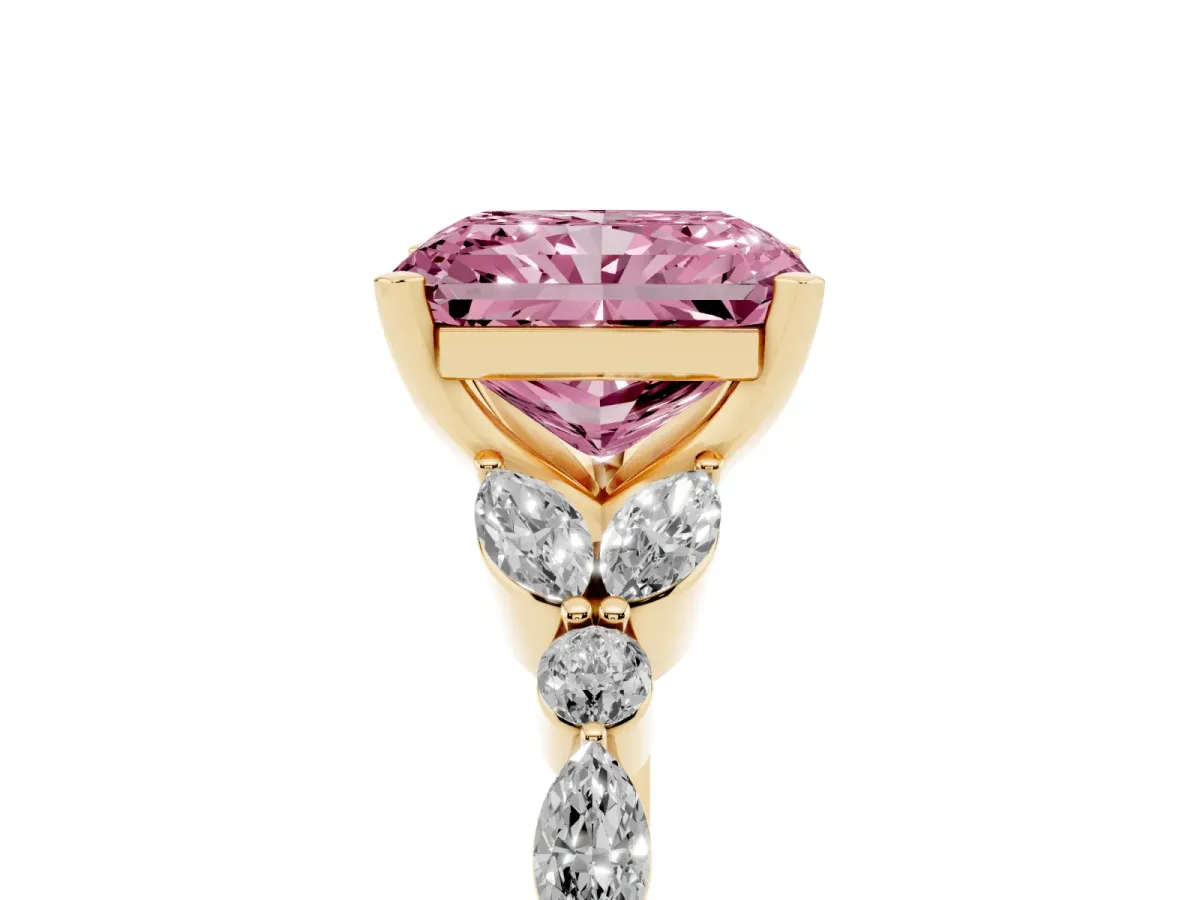 Fancy Pink Radiant Cut Diamond Solitaire Ring with Side Stones and Four-Prong Setting Yellow gold
