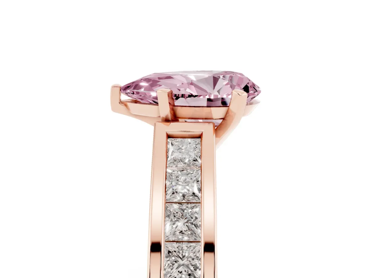 Fancy Pink Pear Cut Solitaire Diamond Ring with Channel-Set Band and Four-Prong Setting Rose gold