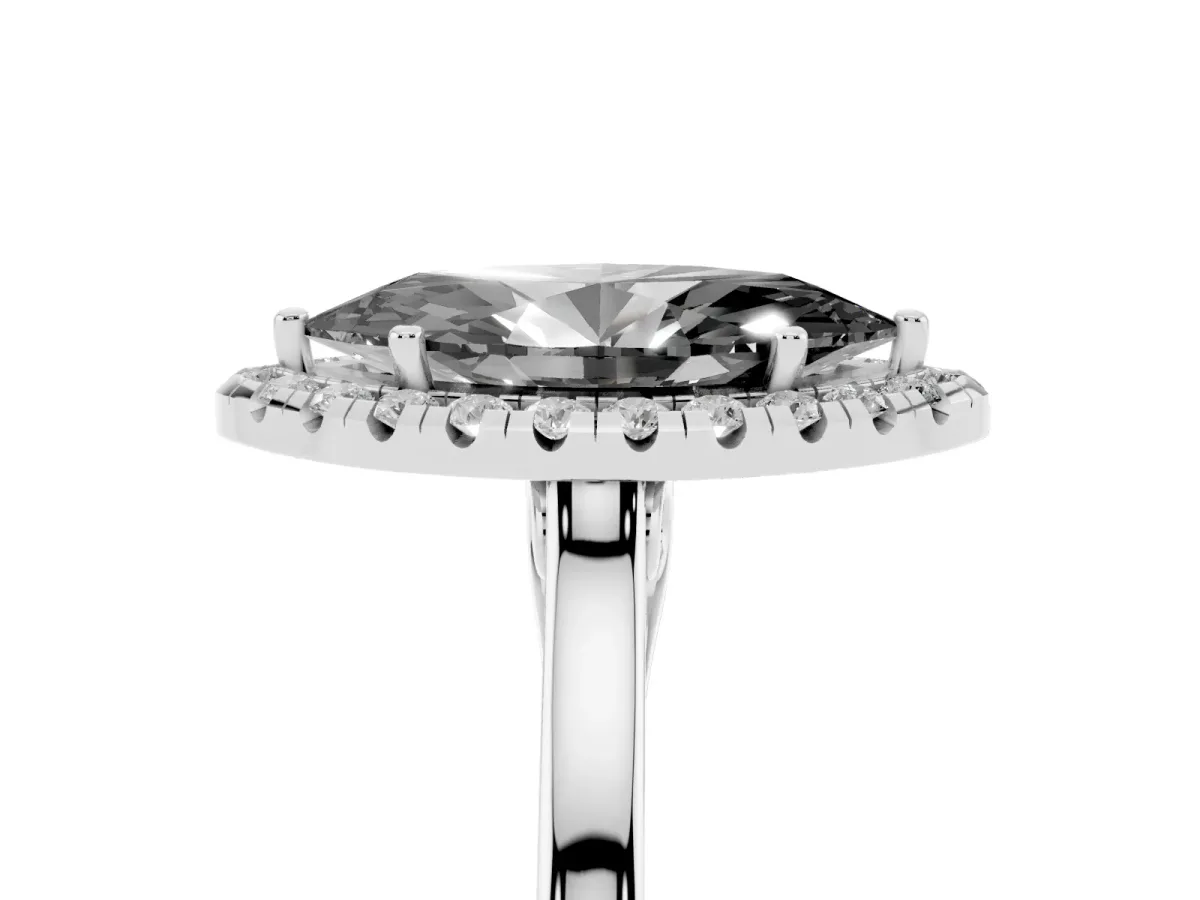 Fancy Black Marquise Cut Halo Round Diamond Solitaire Ring with Pavé Band and Four-Prong Setting Silver