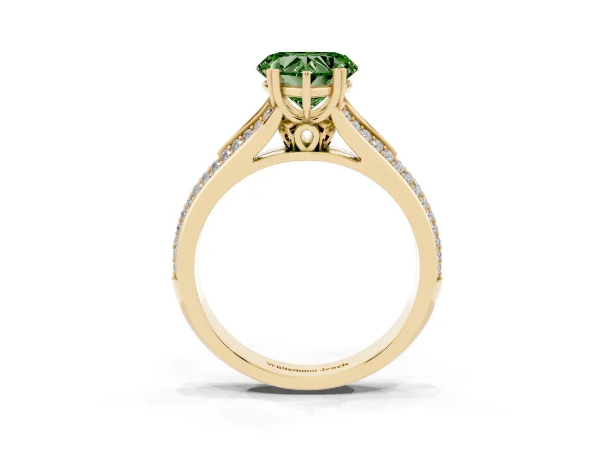 Fancy Green Heart Cut Diamond Split Shank Engagement Ring with Pavé Band Yellow gold