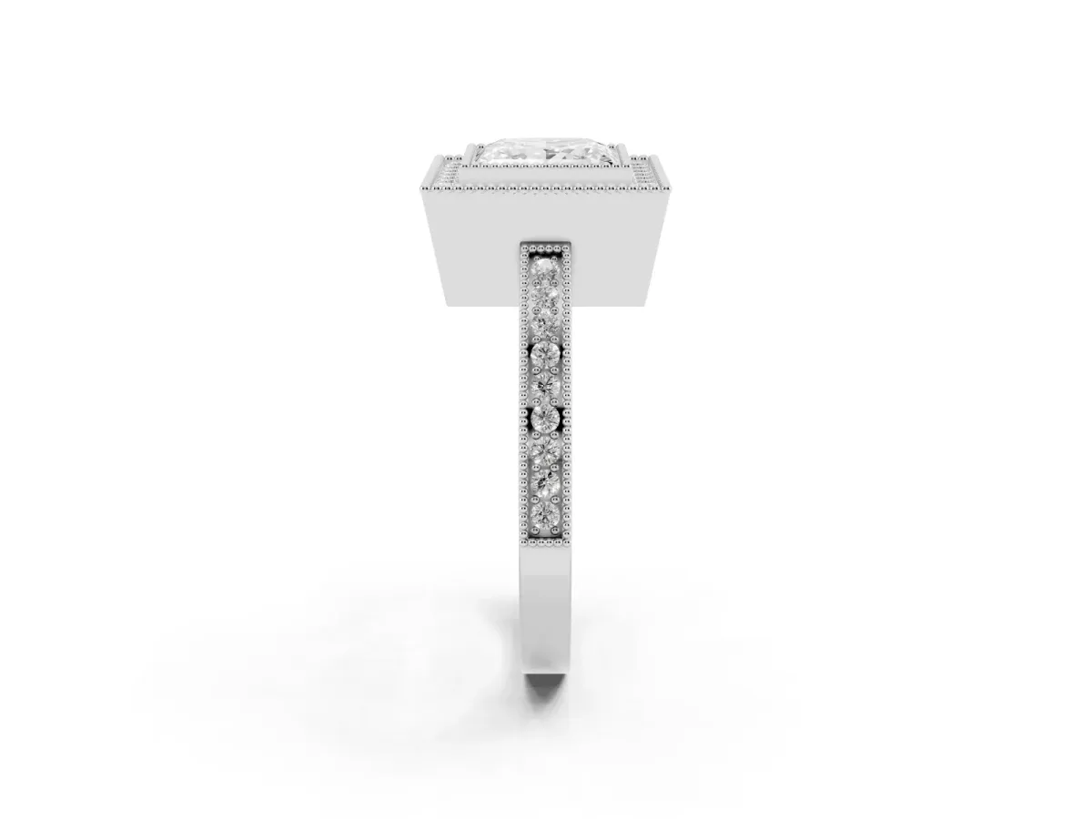 Princess Cut Cut Halo Diamond Ring with Pavé Band and Milgrain Prong Setting Silver