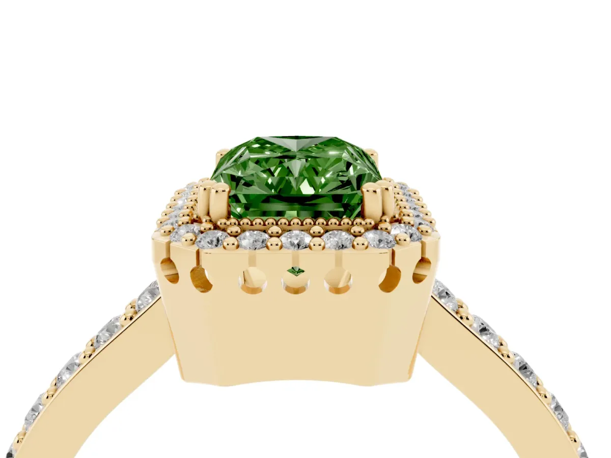 Fancy Green Radiant Cut Cut Diamond Halo Engagement Ring with Milgrain Detail and Pavé Band Yellow gold