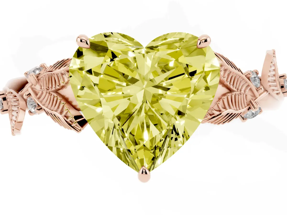 Fancy Yellow Heart Cut Diamond Solitaire Ring with Leaf Motif Band and Four-Prong Setting Rose gold