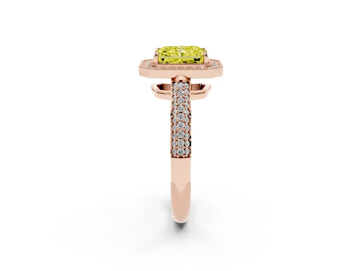 Fancy Yellow Radiant Cut Cut Halo Diamond Pave Band with Four-Prong Setting Rose gold