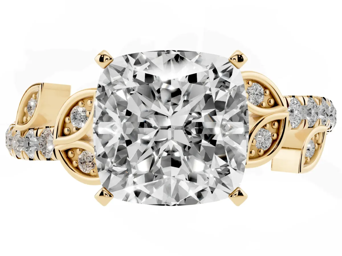 Cushion Cut Solitaire Leaf-Inspired Diamond Ring with Pavé Band and Four-Prong Setting Yellow gold