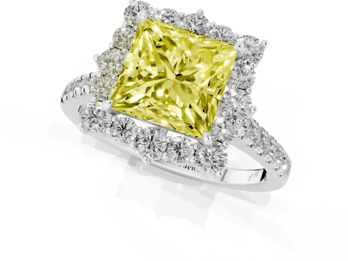 Fancy Yellow Princess Cut Halo Diamond Ring with Pavé Band and Prong Setting Silver
