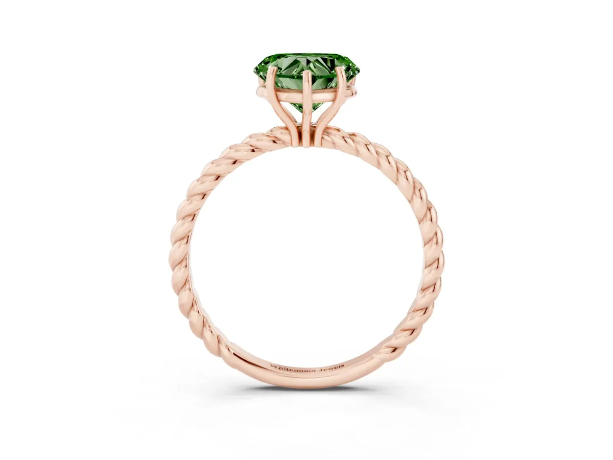 Fancy Green Heart Cut Solitaire Twist Band Ring with Four-Prong Setting Rose gold
