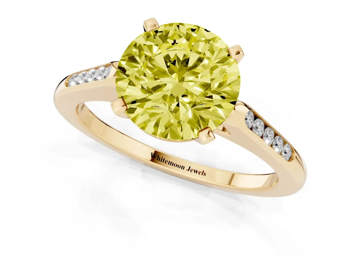 Fancy Yellow Round Cut Diamond Solitaire Ring with Channel Set Round Band and Prong Setting Yellow gold