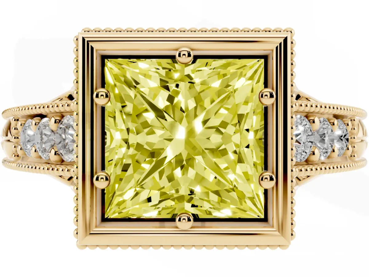 Fancy Yellow Bezel Set Princess Cut Diamond Milgrain Pave Engagement Ring Yellow gold
