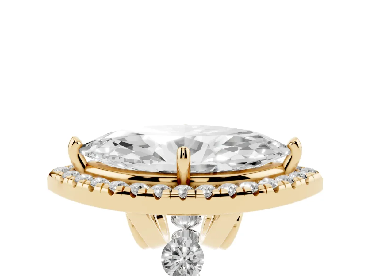 Marquise Cut Halo Pavé Diamond Engagement Ring with Four-Prong Setting Yellow gold