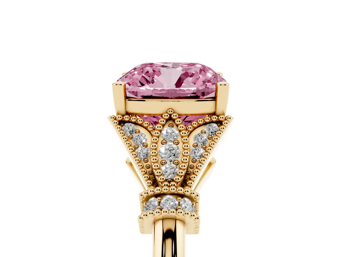Fancy Pink Cushion Cut Diamond Solitaire Ring with Floral Filigree and Pave Accents Yellow gold