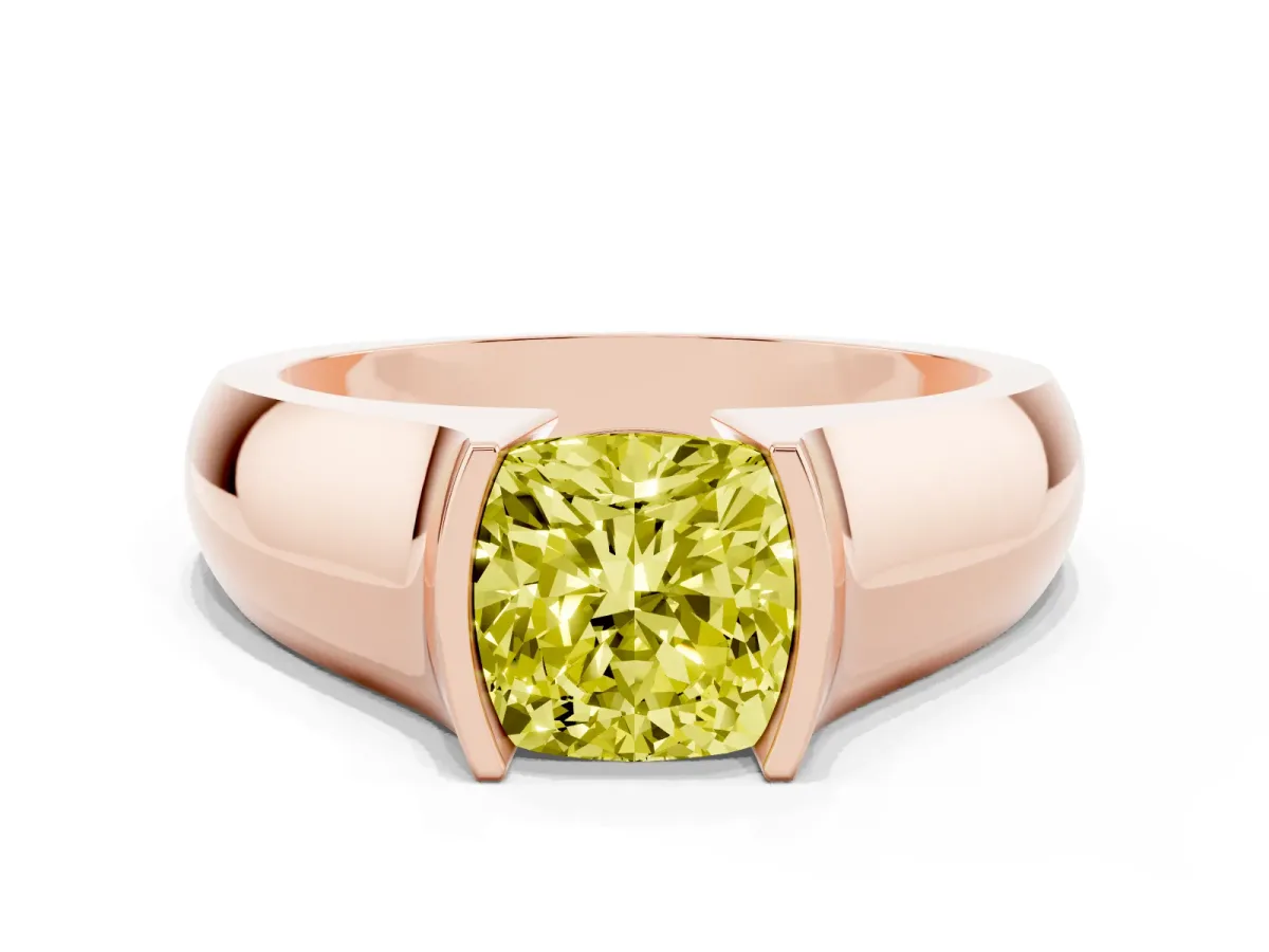 Fancy Yellow Cushion Cut Solitaire Bezel Set Diamond Ring with Wide Band Rose gold