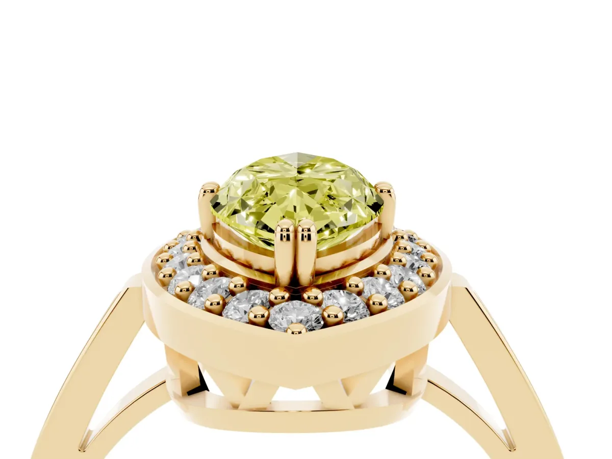 Fancy Yellow Marquise Cut Diamond Halo Ring with Split Shank and Four-Prong Setting Yellow gold