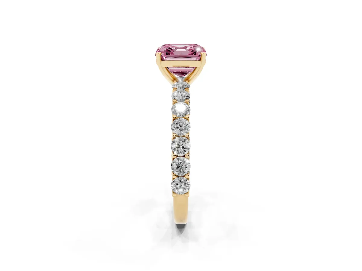 Fancy Pink Asscher Cut Diamond Solitaire Ring with Shared Prong Pavé Band and Four-Prong Setting Yellow gold