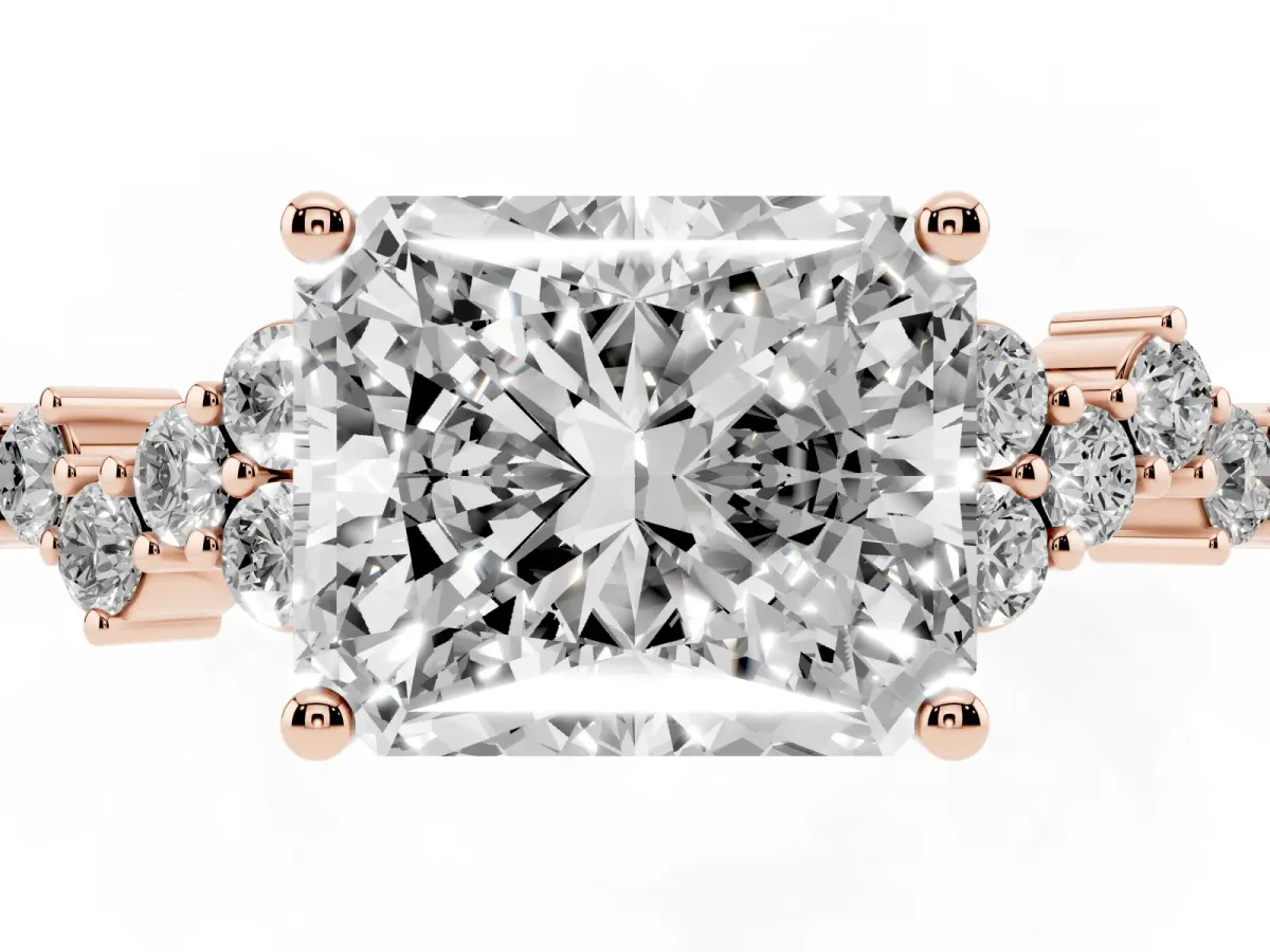 Radiant Cut Diamond Scattered Round Accent Ring with Prong Setting Rose gold