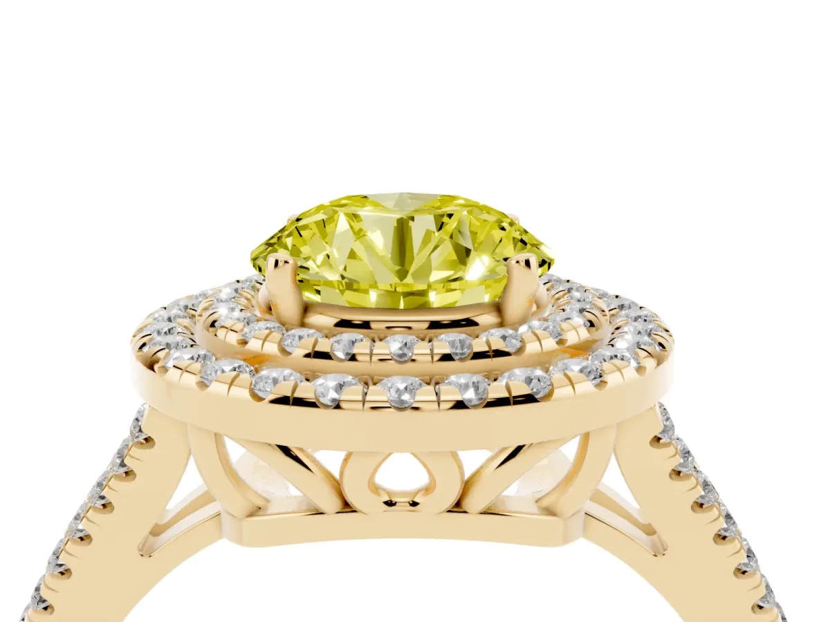 Fancy Yellow Round Cut Diamond Double Halo Ring with Pavé Band and Prong Setting Yellow gold