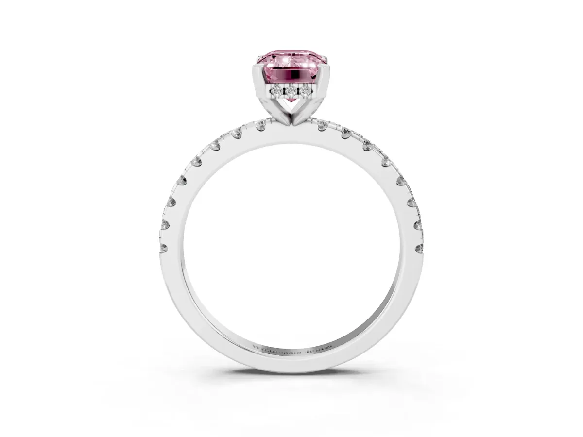 Fancy Pink Emerald Cut Diamond Solitaire Ring with Round Pavé Band and Four-Prong Setting Silver