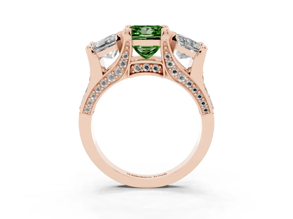 Fancy Green Princess Cut Diamond Three-Stone Ring with Channel Set Band and Four-Prong Setting Rose gold