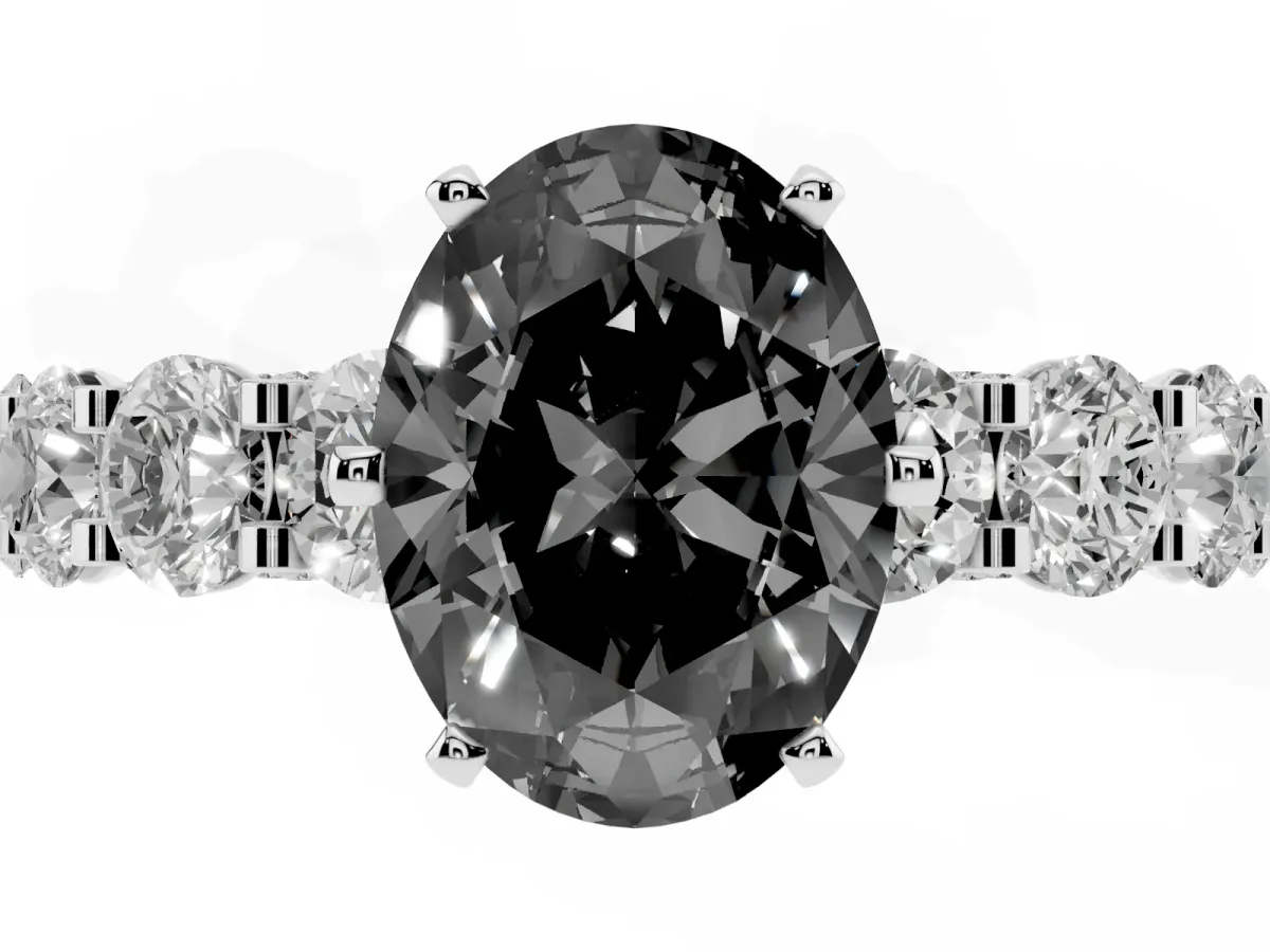 Fancy Black Oval Cut Diamond Side Stone Engagement Ring with Four-Prong Setting White gold