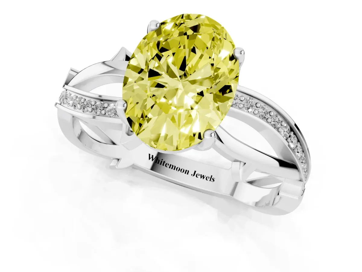 Fancy Yellow Oval Cut Solitaire Twist Band with Pavé Accents and Four-Prong Setting White gold