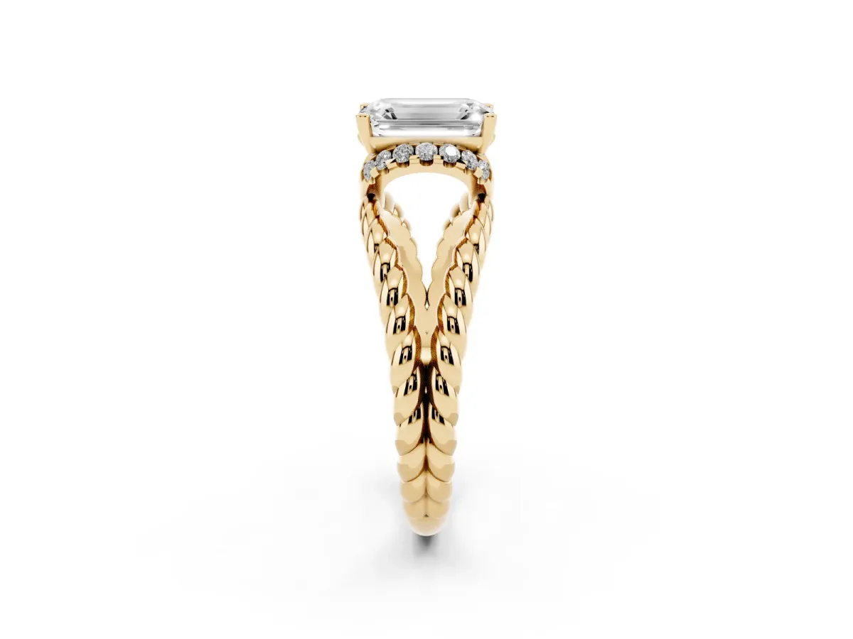 Emerald Cut Halo Twisted Band Four-Prong Ring Yellow gold