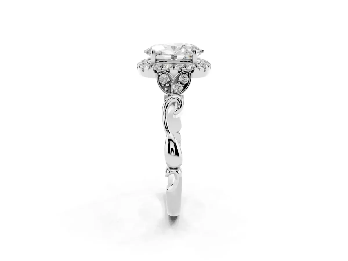 Oval Cut Halo Diamond Engagement Ring with Vintage-Inspired Band and Four-Prong Setting Platinum