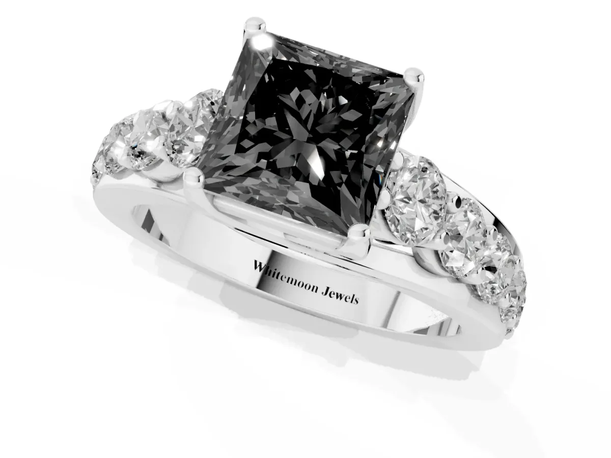 Fancy Black Princess Cut Diamond Engagement Ring with Pavé Band and Four-Prong Setting Platinum