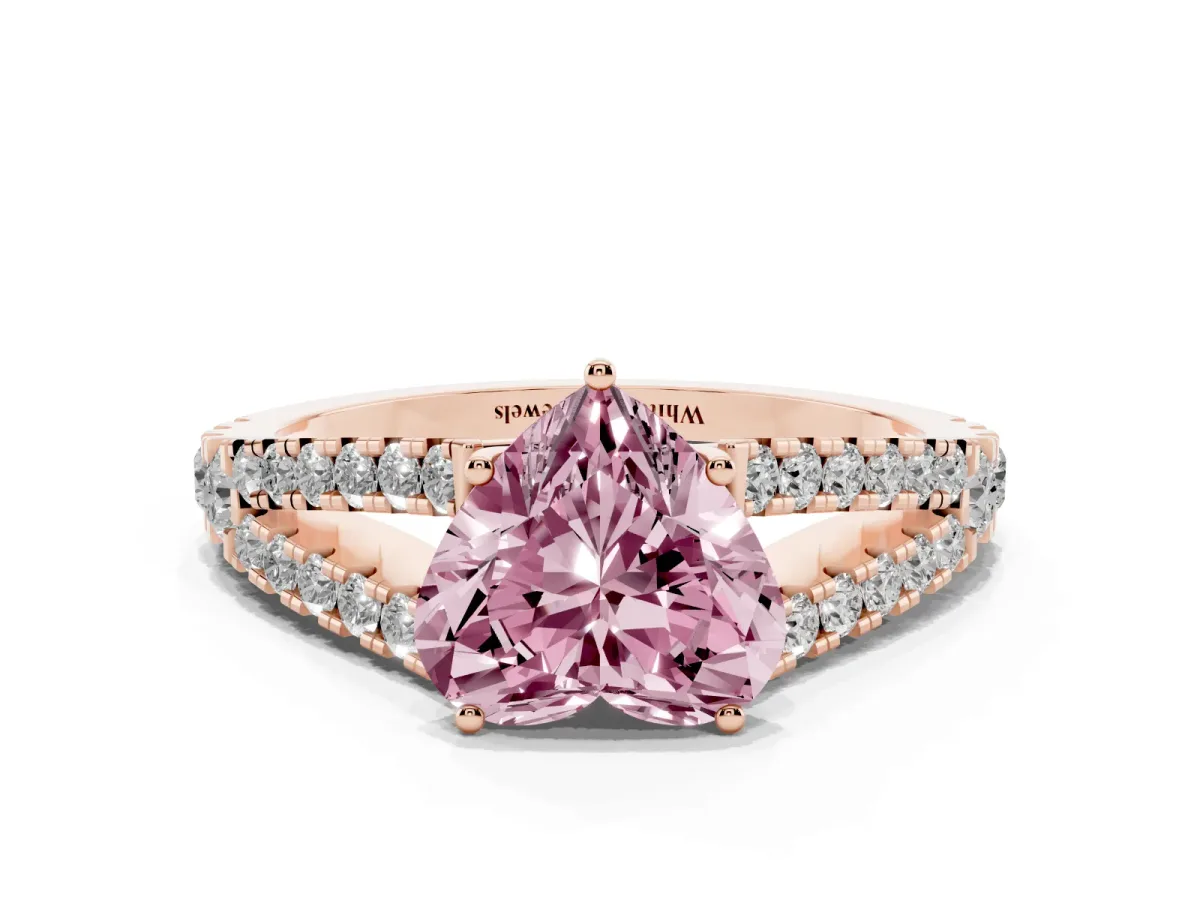 Fancy Pink Heart Cut Diamond Split Shank Pavé Engagement Ring with Four-Prong Setting Rose gold