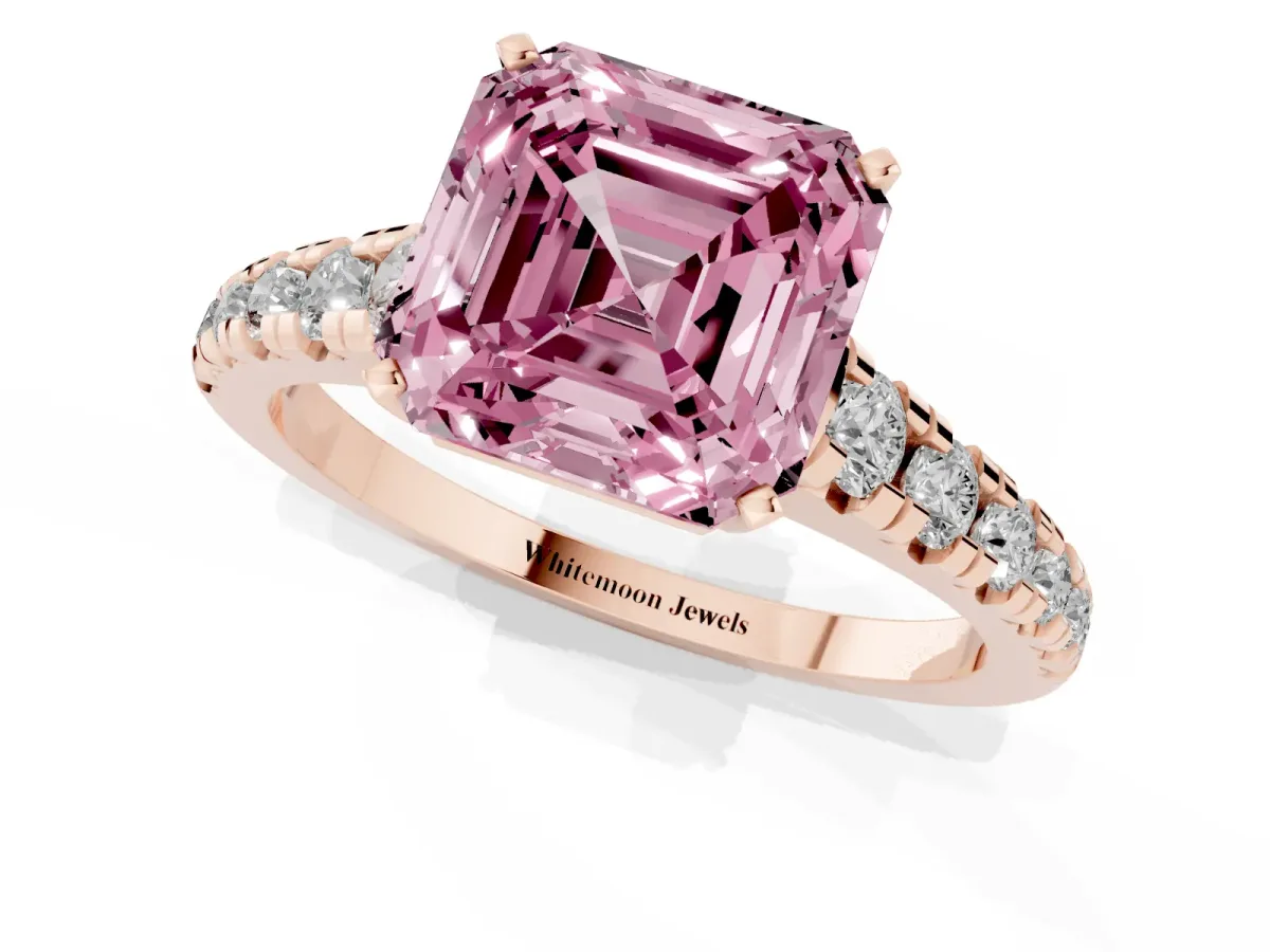 Fancy Pink Asscher Cut Diamond Cathedral Solitaire Ring with Round Pavé Band Rose gold