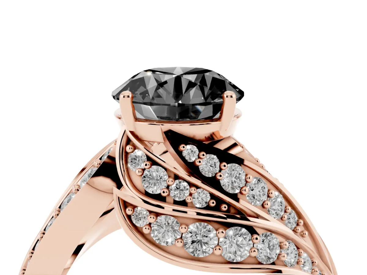 Fancy Black Round Cut Diamond Solitaire Ring with Prong Setting and Twisted Pavé Band Rose gold
