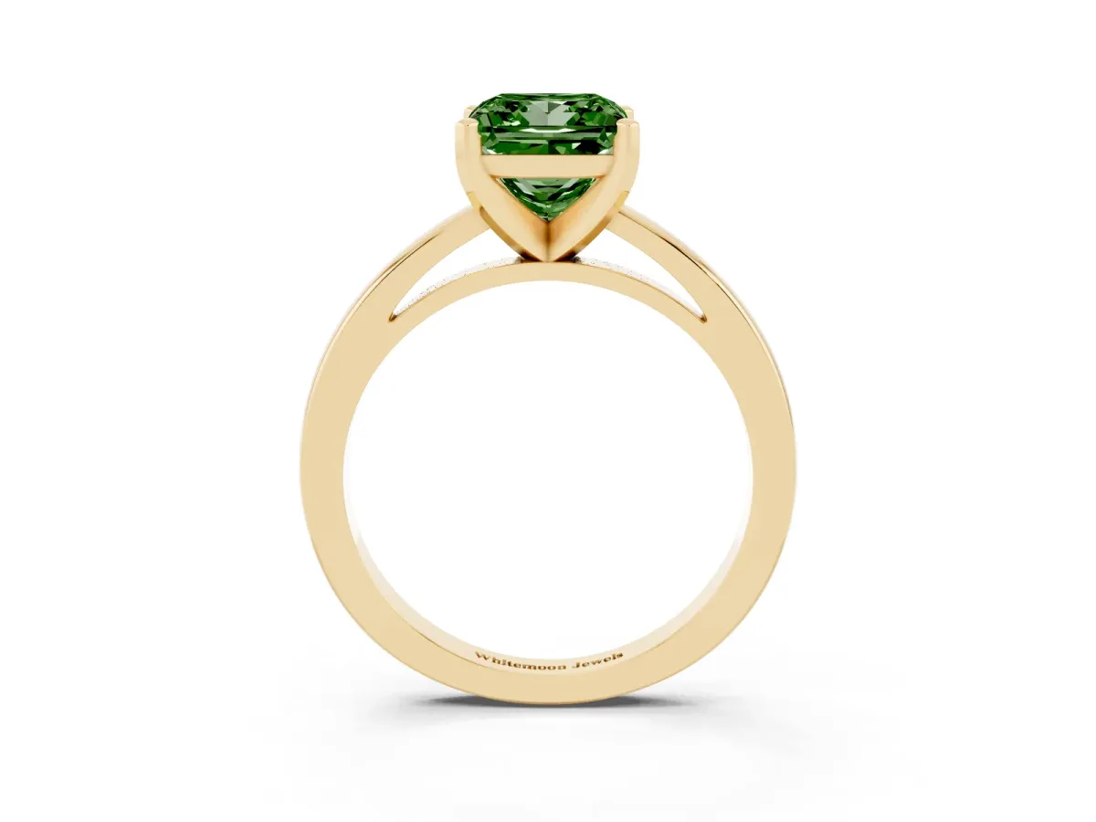 Fancy Green Princess Cut Solitaire Diamond Engagement Ring with Four-Prong Setting on a Classic Band Yellow gold