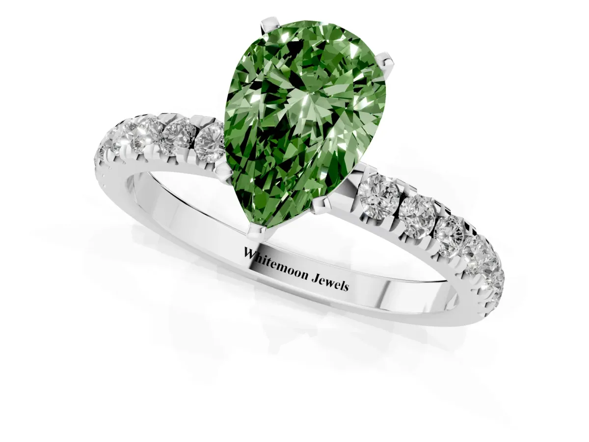 Fancy Green Pear Cut Diamond Solitaire Ring with Pavé Accents and Four-Prong Setting Platinum