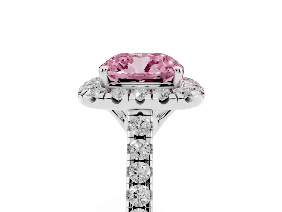 Fancy Pink Cushion Cut Halo Pavé Diamond Engagement Ring with Four-Prong Setting Silver