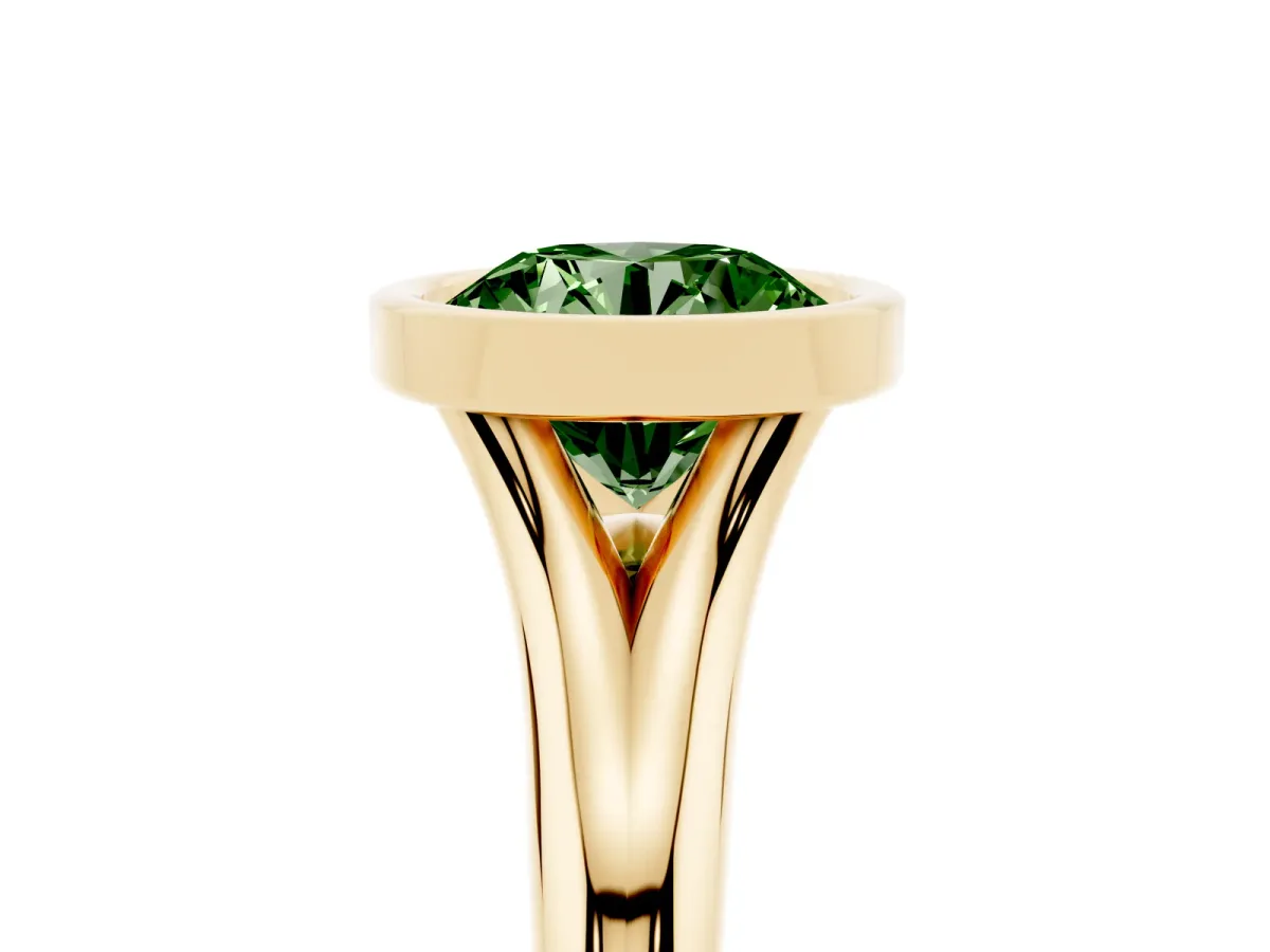 Fancy Green Bezel Set Round Cut Solitaire Diamond Ring with Smooth Band Yellow gold