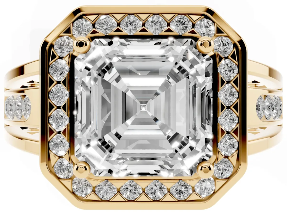 Asscher Cut Diamond Halo Ring with Split Shank and Bezel Accents and Prong Setting Yellow gold
