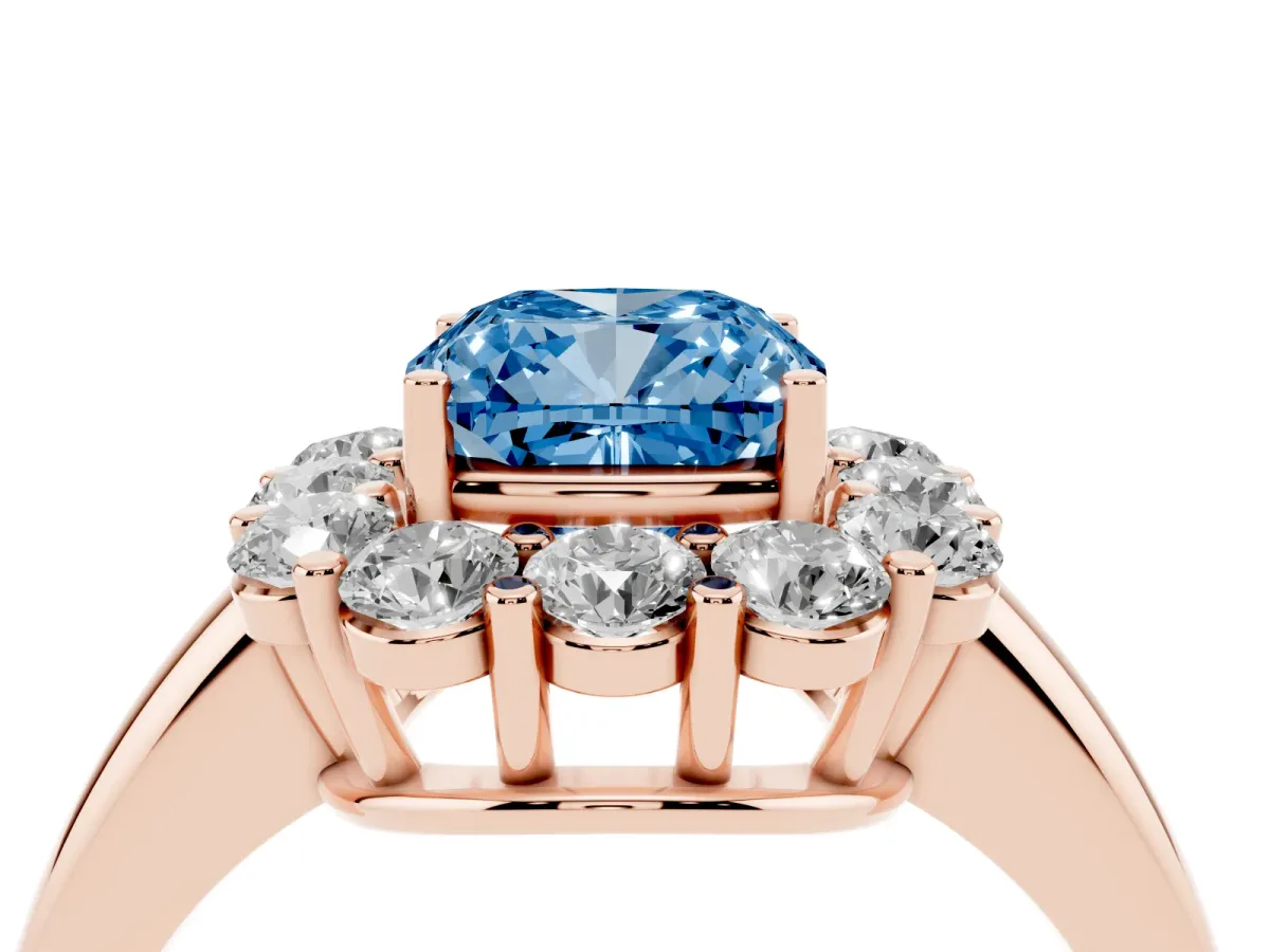 Fancy Blue Cushion Cut Halo Cluster Diamond Engagement Ring with Prong Setting and Polished Band Rose gold