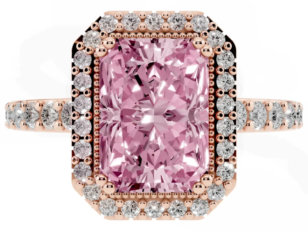 Fancy Pink Radiant Cut Cut Diamond Halo Engagement Ring with Milgrain Detail and Pavé Band Rose gold