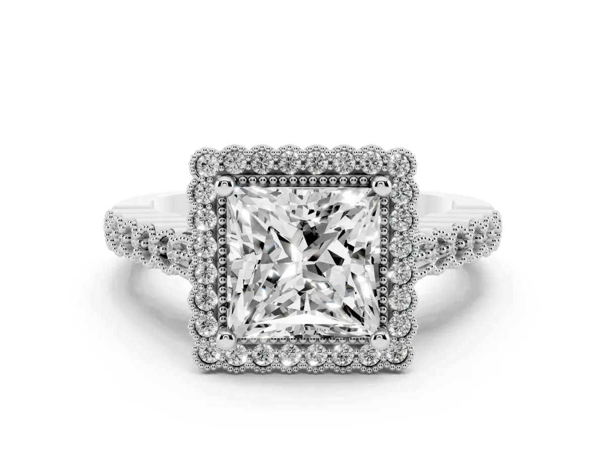 Princess Cut Cut Halo Pavé Solitaire Ring with Milgrain Band Platinum