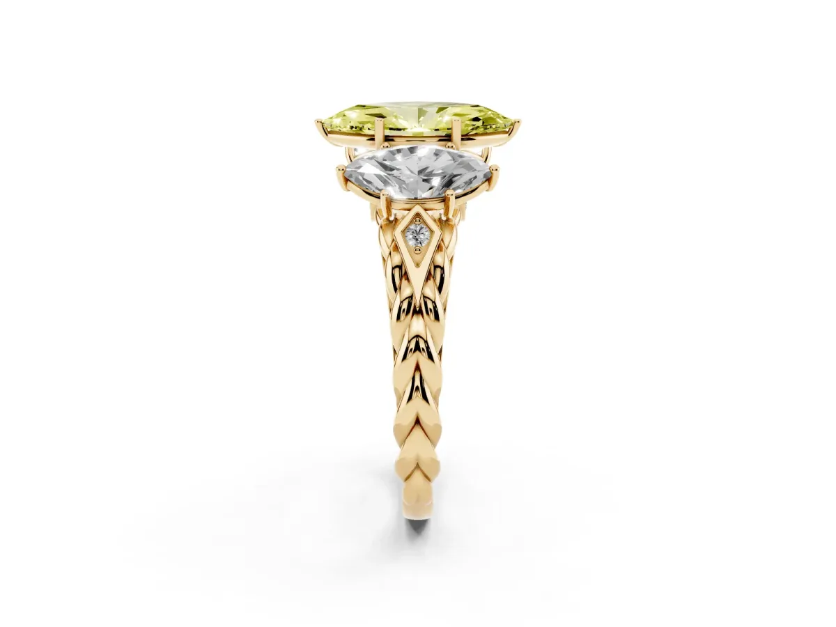 Fancy Yellow Three-Stone Marquise Cut Diamond Braided Band Ring with Four-Prong Setting Yellow gold