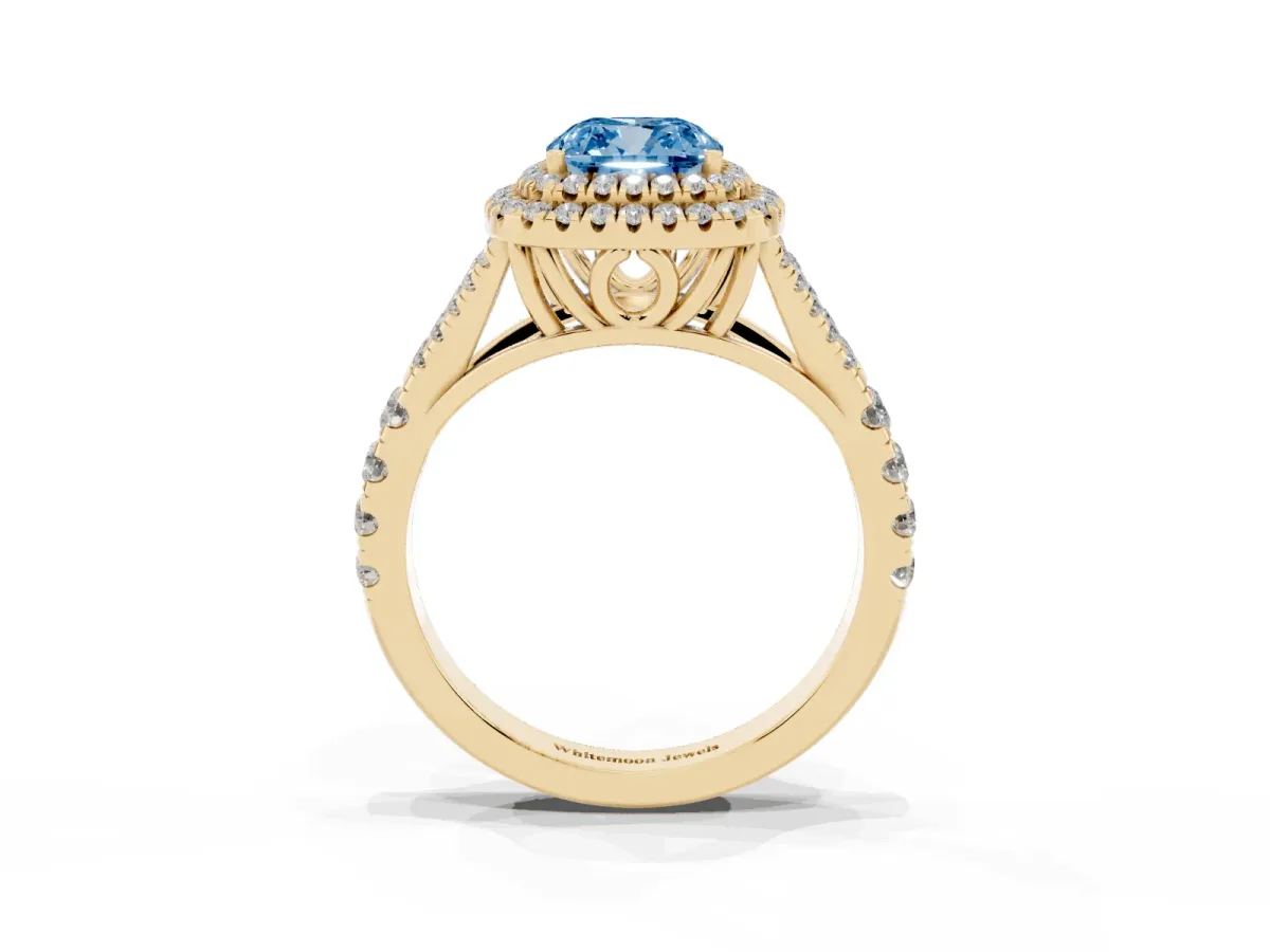 Fancy Blue Cushion Cut Diamond Pavé Split Shank Double Halo Engagement Ring Yellow gold