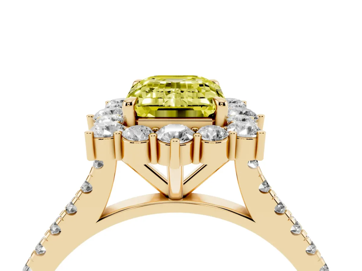 Fancy Yellow Emerald Cut Halo Diamond Ring with Pavé Band and Prong Setting Yellow gold