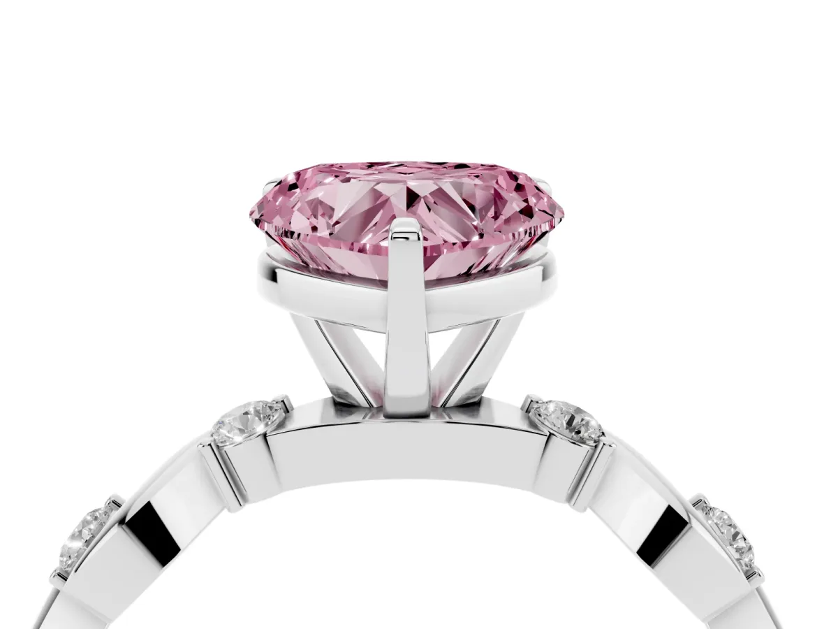 Fancy Pink Heart Cut Diamond Solitaire Twisted Band with Round Accents and Prong Setting White gold