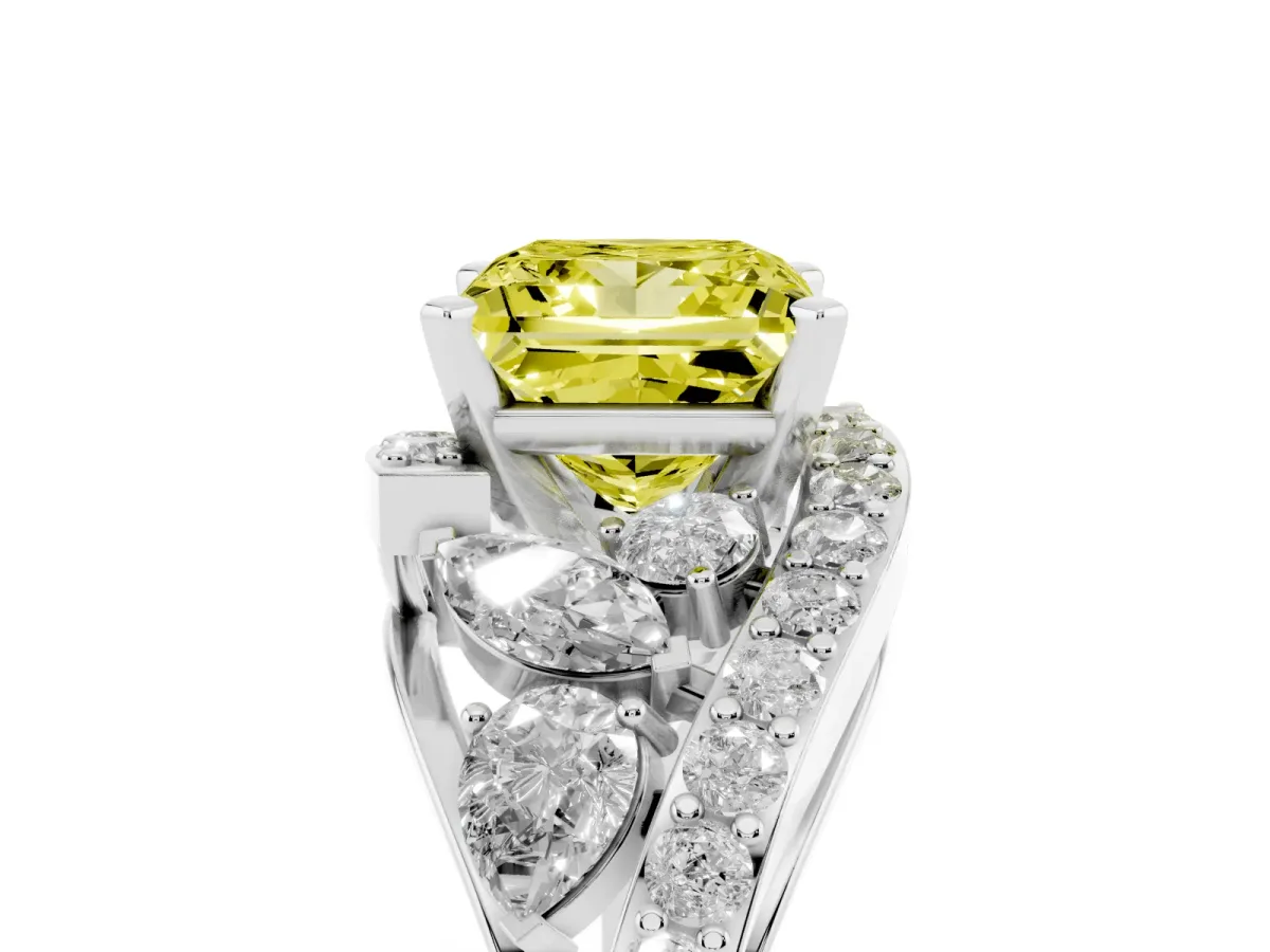 Fancy Yellow Princess Cut Diamond Halo Ring with Marquise and Pavé Band in Prong Setting Silver