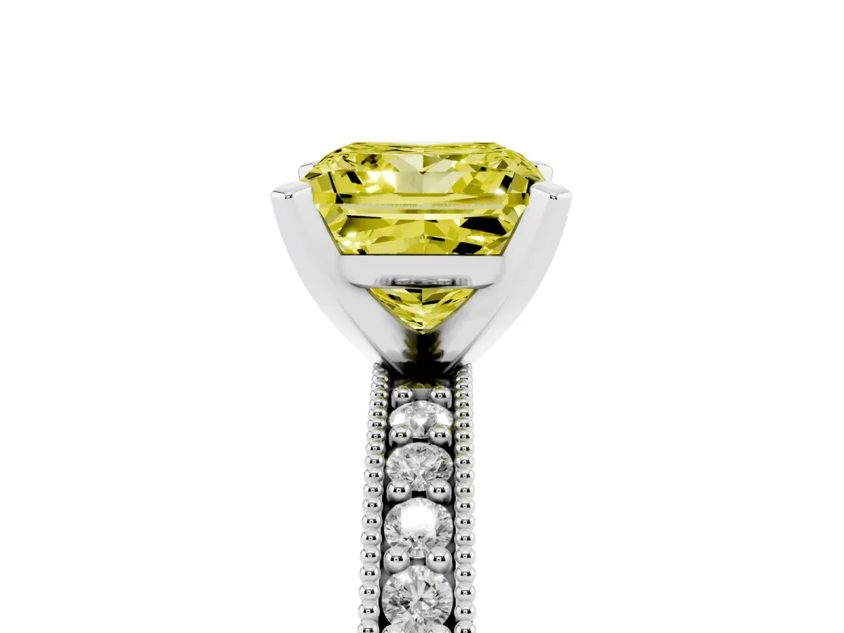 Fancy Yellow Princess Cut Diamond Milgrain Pavé Engagement Ring with Four-Prong Setting Silver