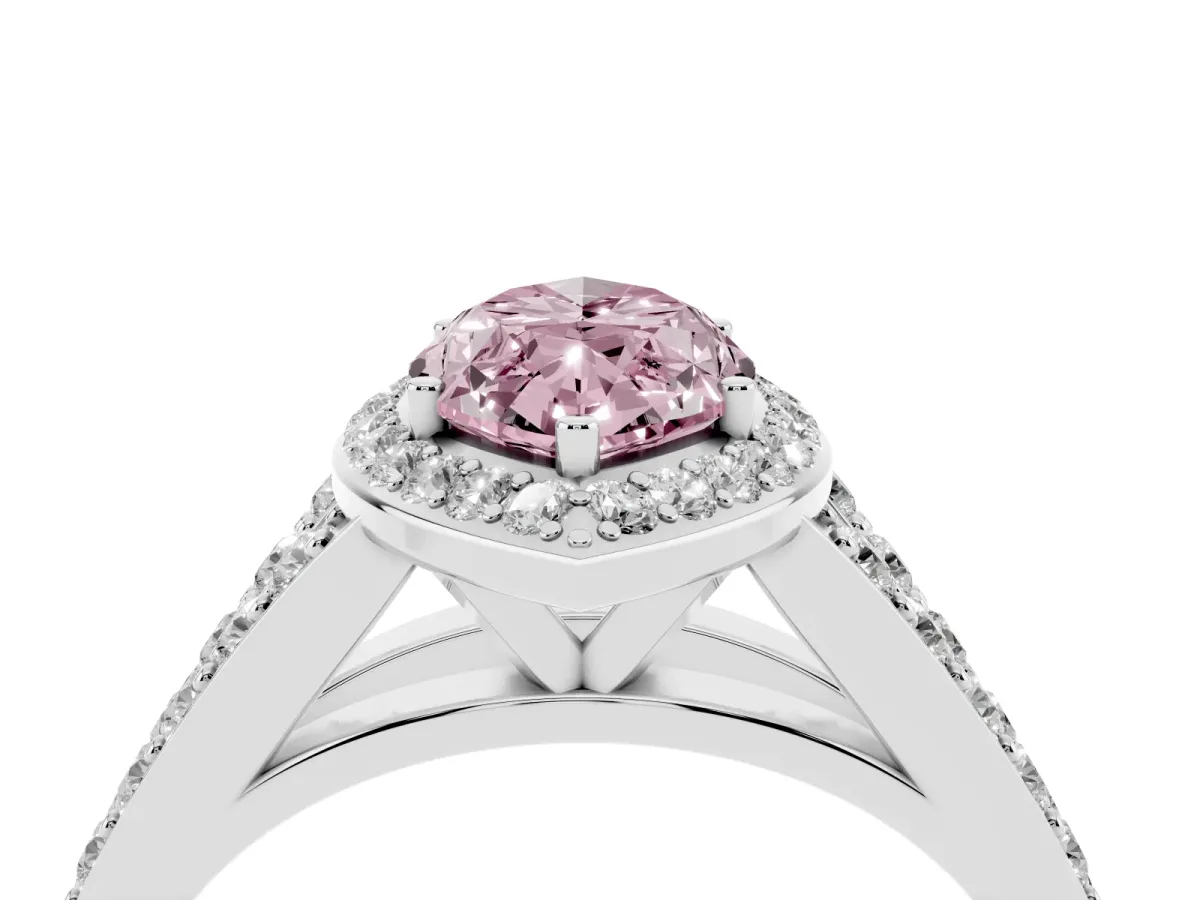 Fancy Pink Marquise Cut Diamond Split Shank Halo Ring with Four-Prong Setting Platinum