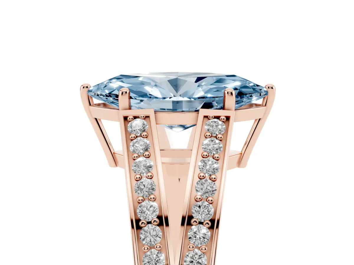 Fancy Blue Marquise Cut Diamond Split Shank Ring with Pavé Band and Four-Prong Setting Rose gold