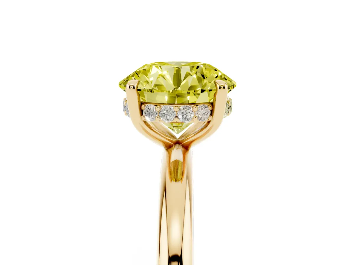 Fancy Yellow Round Cut Diamond Solitaire Ring with Thin Band and Four-Prong Setting Yellow gold