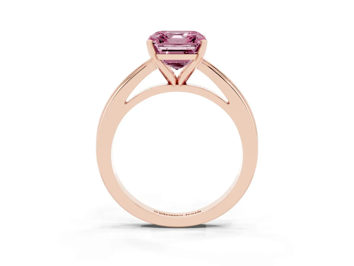 Fancy Pink Asscher Cut Solitaire Diamond Ring with Four-Prong Setting and Classic Band Rose gold