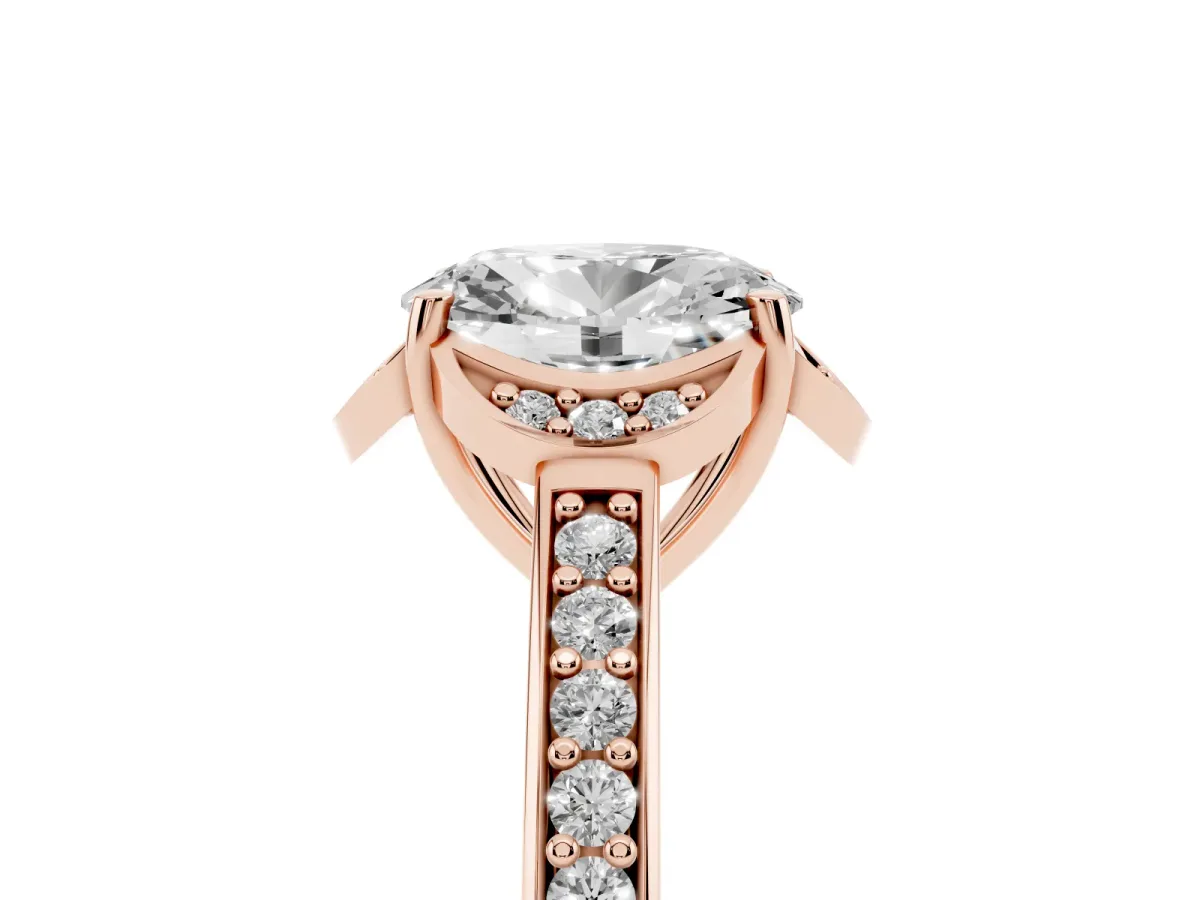 Oval Cut Cut Halo Diamond Ring with Channel Set Band and Four-Prong Setting Rose gold